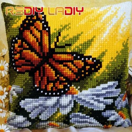 Cross Stitch Cushion Autumn Butterfly Make Your Own Pillow Chunky Cross Stitch Kits Pre-Printed Canvas Acrylic Yarn Pillow Case