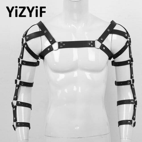 Sexy Harness Men Lingerie Gothic Punk Harness Belt Faux Leather Arm Caged Body Chest Muscle Harness Belt with Metal O Rings