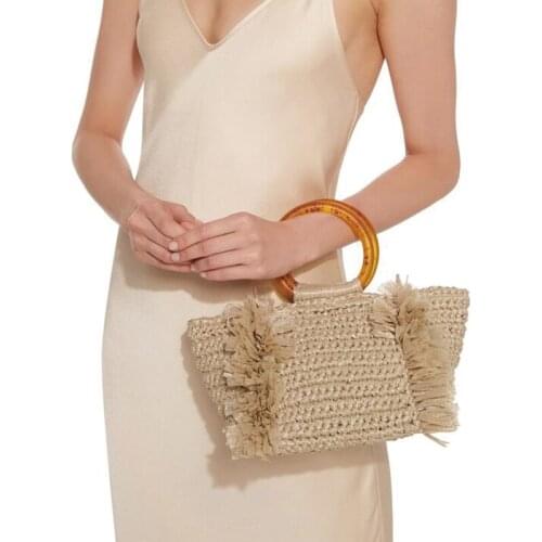 Hand Weaving Straw Handbag With Amber Round Handle Tassel tote bag Holiday Shoulder Messenger Bag 2019 Famous Beach Handbag