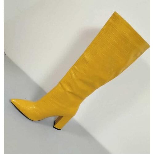 Winter For Woman New Fashion Sexy Consice Pure color Pointed toe Yellow New Block heels Chunky Heels Knee high boots 34-43