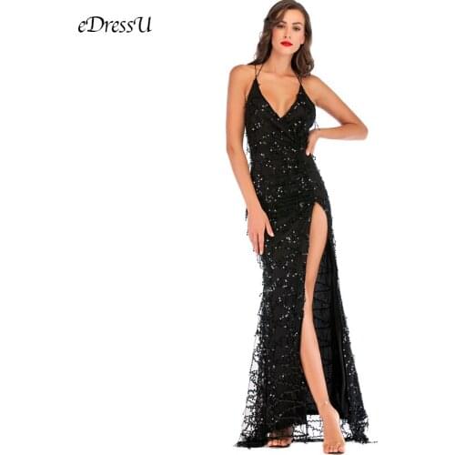 Sexy Split Evening Dress Tassel Party Dress Backless Vestido de Fiesta Robe de Soiree Sequins Formal Prom Dress YMK-620