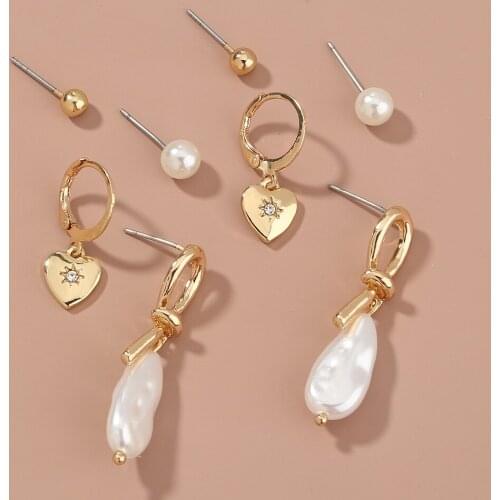 Copper Gold Color Heart Metal Stud Simulated Pearl Bead Charms Earrings Set Fashion Brand Women Jewelry Earings