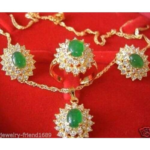 Fine real new Fashion Cubic Zirconia Trendy Jewelry 100%- green jade pendant earring ring set +chain