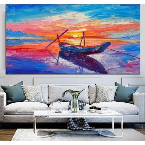 Modern Colorful Knife Oil Painting Printed on Canvas Boat on Sea Landscape Poster and Print Wall Pictures for Living Room Decor