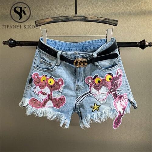 2020 Summer Women Plus Size Denim Shorts Cartoon Sequined High waist Jeans Shorts Female Loose Wide leg Short Pants Jeans