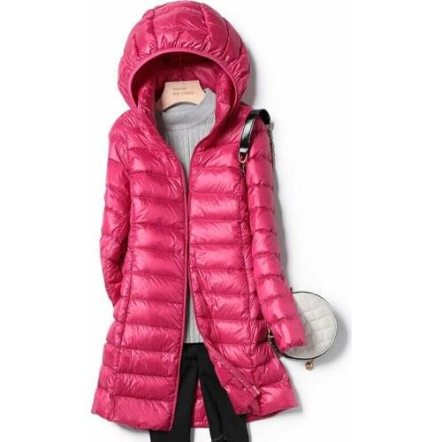 2021 Winter Women Thin Down Jacket White Duck Down with Hooded Jackets Solid Color Long Sleeve Warm Coat Parka Female Y9