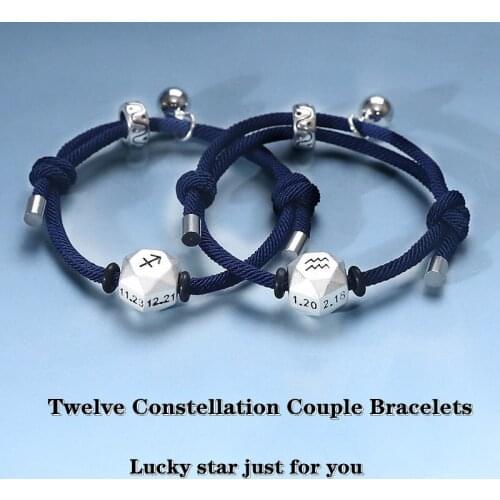 YOUNQ Women Vintage S925 Sterling Silver Twelve Constellation Beaded Bracelet Black Rope Adjustable Bracelet DIY Jewelry SBB003