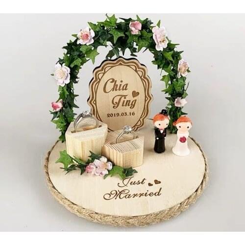 1pcs custom name double rings holder cushion rustic wood personalized flower farmhouse style ring box wedding
