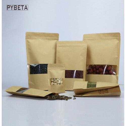 100pcs/lot- 10 sizes available Kraft Paper Stand Up Pouch with clear window Zipper top food candy package party gift bags