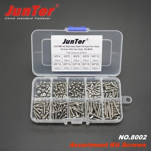 200pcs M3 (3mm)*4/5/6/8/10/12/14/16/18/20 A2 Stainless Steel Phillips Pan Head Machine Screws Assortment Kit NO.8002