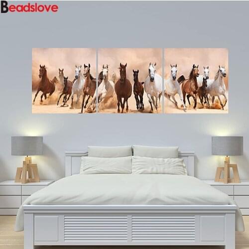 Running Horses 5D DIY Diamond Painting Triptych Full Square Round Diamonds Embroidery Kits Animal 3 pieces Decorations Home
