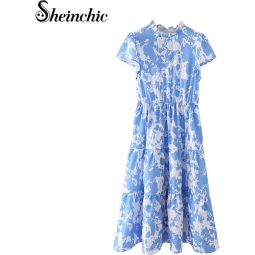 Bohemian Midi Dresses for Women Summer 2021 Elegant Boho Ruffles Pleated Woman Dress Blue Floral Vestidos