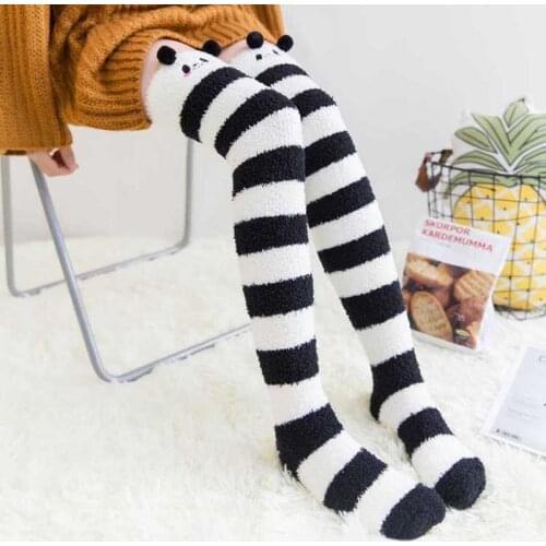 Soft Coral Fleece Knee Socks Girls Women Cute Bows Animal Modeling Stockings Striped Cute Cozy Long Thigh High Socks