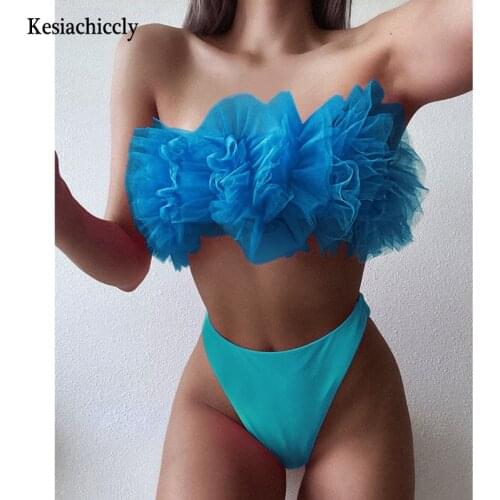 Kesiachiccly Sexy Mesh Sheer Splicing Bikini Women Swimwear Female Swimsuit Two-pieces Bikini set Printed Bather Bathing Suit