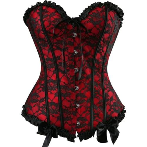 Sexy Women Overbust Corsets Lace Floral Trim Bow Shapewear Waist Cincher Body Shaper Corset Tops Plus Size