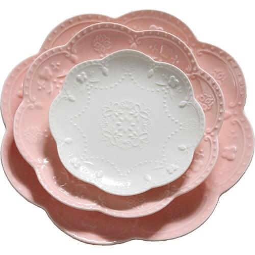 Lace Flower European Style Flat Plate Western Steak Plate Embossed Round Shallow Plate Pure White Bone China Dessert Tray Home