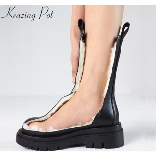 Krazing Pot leather winter shoes big size med heels thick bottom motorcycles snow boots fur warm platform concise ankle boots