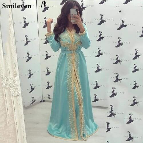 Smileven Mint Green Moroccan caftan Evening Dresses Long Sleevees Lace Muslim Special Occasion Dress Crystal Evening Party Gown