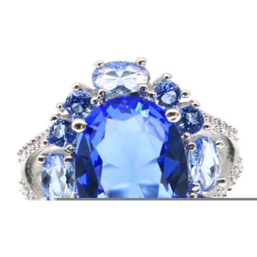 18x13mm New Statement Created Rich Blue Aquamarine For Womans Wedding Silver Rings Eye Catching