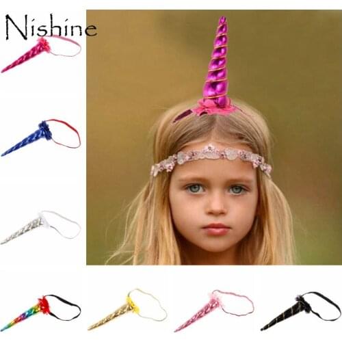 NISHINE New Children Hair Accessories Princess Unicorn Chiffon Flower Headband Baby Crown Headwear Toddler Elastic Headband