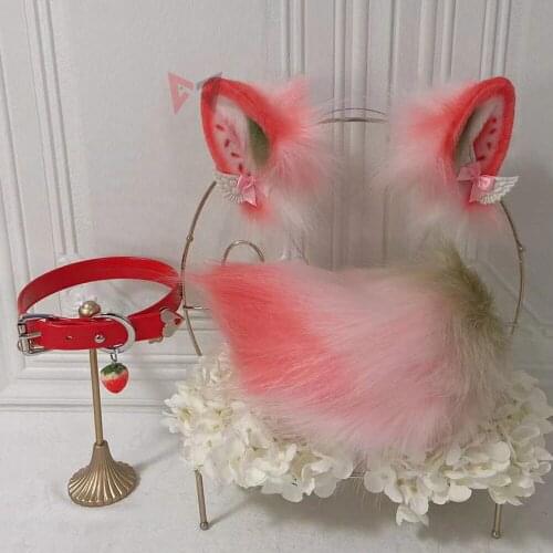 New Hand Made Work Red Strawberry Cat Ears Headwear Hair Hoop Necklace KC Lolita Cosplay Accessories Halloween Prop
