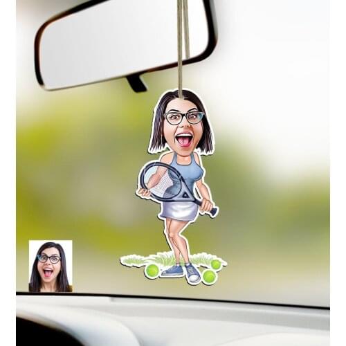 Personalized Women 'S Tennis Player Caricature Of Wood Car Rearview Mirror ornament