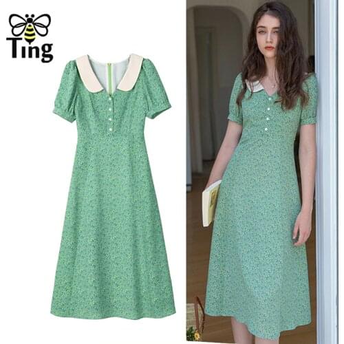 Tingfly Vintage France Chic Sweet Casual Peter Pan Collar Floral Dress Summer Street Fashion Green Color Button Up Dresses Robes