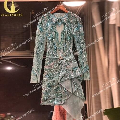 Rhine real Pictures Sexy Full Luxurious Beads Sequins Long sleeves Sky blue Short length Formal Dress Promd dress