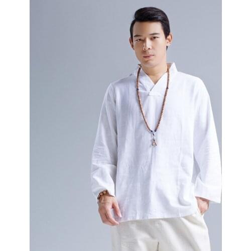 LZJN Long Sleeve Linen Shirts Men 2019 Autumn White Blouse Ethnic Chinese Clothing Flax Male Shirt Blusas Masculina Camisa