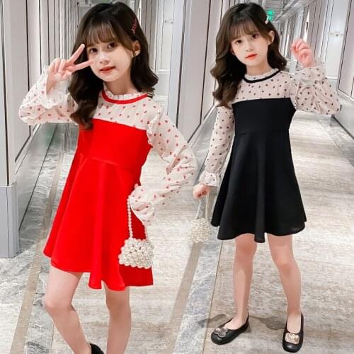 Korean Style Girls Dresses Teenager Children Cocktail Party Dress Wedding Mesh Polka Dot Dress Girls Baby Clothing 4 5 7 9 11 13