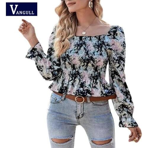 Vangull Women Floral Blouse Shirt Square Neck Ruffled Long-Sleeved High-waist Bohemian Stretch Top 2021 Female T-shirt