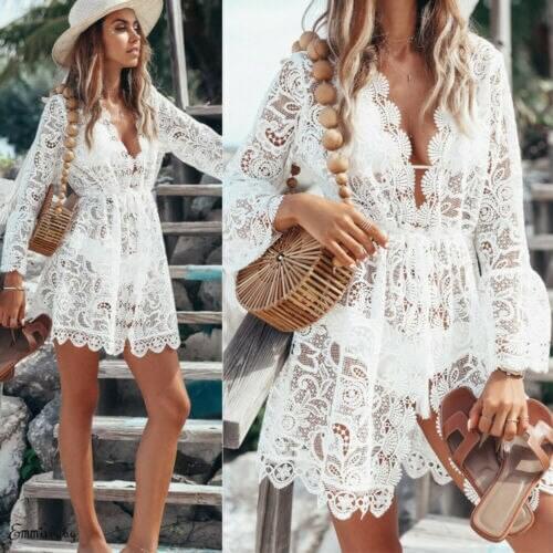 Ummer Women Bikini Cover Up Floral Lace Hollow Crochet Swimsuit Cover-Ups Bathing Suit Beachwear Tunic Beach Sundress