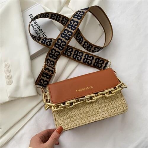 Women Summer Shoulder Bag Straw+PU Lether Handmade Woven Crossbody bag Female Beach Handbags For shopper Small Square Bag