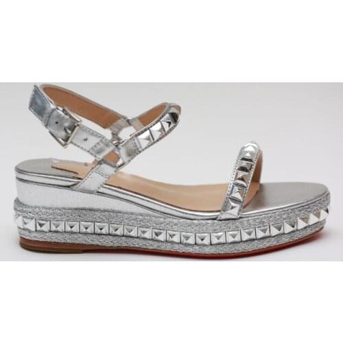 Moraima Snc Summer Hot Selling Silver Leather Platform Wedge Sandal Sexy Open Toe Rivets Studded Ankle Strap Shoes