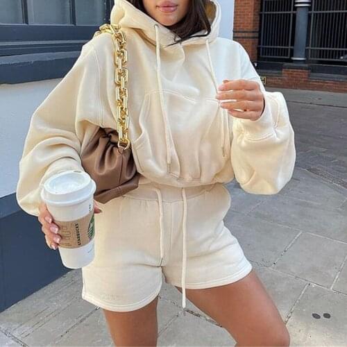 Fleece Womens Tracksuit Hoodies Shorts Two Piece Set Long Sleeve Drawstring Sports Sets Female 2021 Autumn Casual Ladies Suit