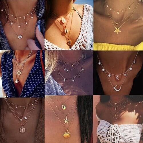 KISSWIFE Bohemian Multi layer Pendant Necklaces For Women Fashion Golden Geometric Charm Chains Necklace Jewelry Wholesale