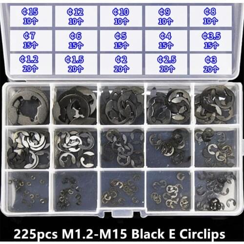 225pcs/set M1.2-M15 Black E Type Circlips Open Retaining Ring Washer