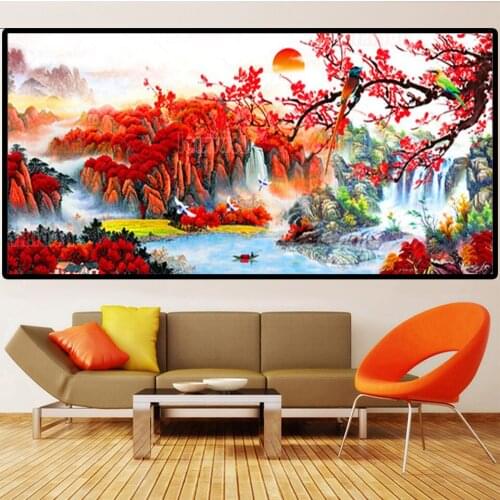 Large Diamond Embroidery,Red Trees,Waterfall,Bird And Flower DIY Scenery Painting Diamond Painting Full Diamond Puzzle EE1576