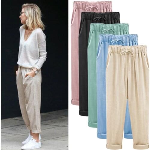 2020 Plus Size M-7XL Fashion Women Nine Points Pants Cotton linen New Casual Bundling Wide Waist Belt Candy Color Pencil Pants