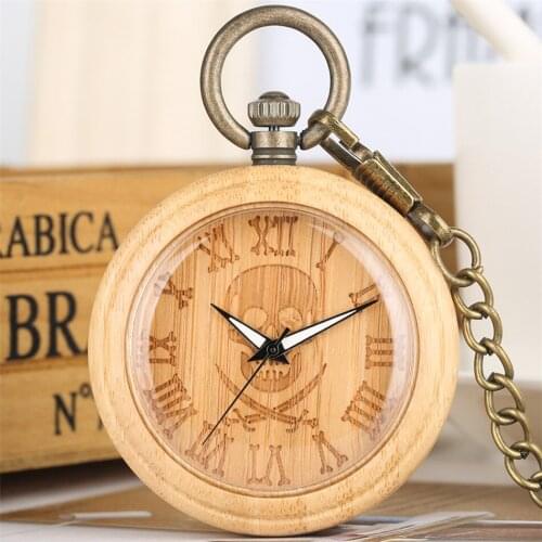 Roman Numerals Pirate Skull Carve Bamboo Wood Quartz Pocket Watch Open Face Natural Retro Wooden Pendant Clock Bronze Chain