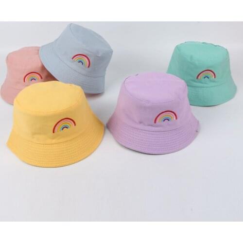 Spring summer boys girls rainbow embroidery reversible caps kids cute double-faced sunhat children bucket hat