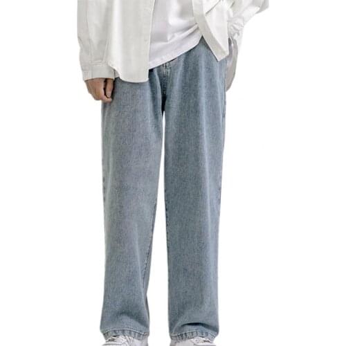 Straight Mid Rise Men Jeans Wide Leg Solid Color Hip Hop Denim Pants Streetwear