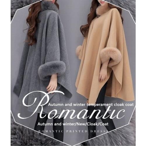 Elegant Women Winter Coats Batwing Fluffy Sleeve Cape Jacket Lady Woolen Overcoat Cape Fox Fur Collar Warm Ponchos Feminino