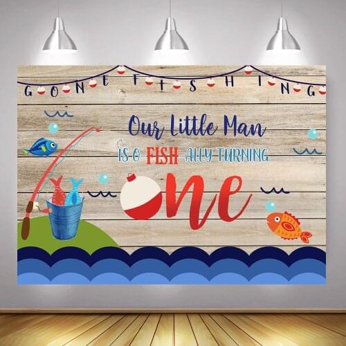 Little Man is O-Fish-Ally is Turning One Birthday Photography Backdrop Fishing Theme Party Banner Background Sea Fish Brown Wood