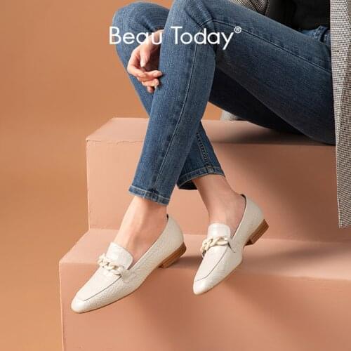 BeauToday Loafers Women Alligator Pattern Cow leather Square Toe Chain Decor Women Flats Beige Color Handmade 27407