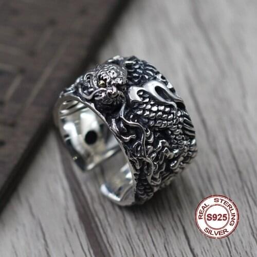 S925 Sterling Silver Mens Ring Personality style classic retro simple Engraved dragon opening shape Send a gift to love
