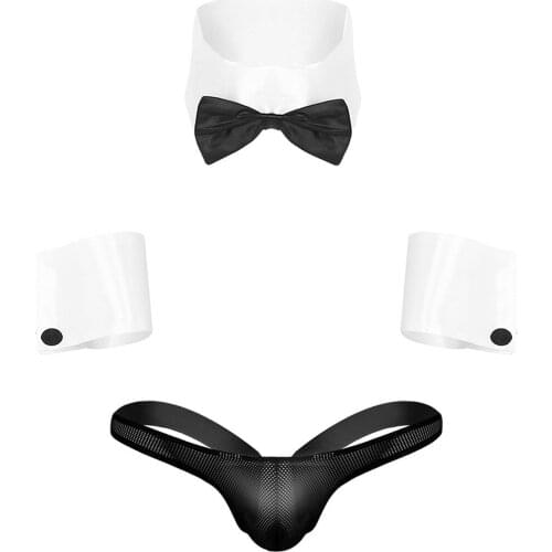 Mens Adults Waiter Roleplay Costume Outfits Collar and Cuffs With See Through Fishnet Jockstrap G-string Thong Underwear Set
