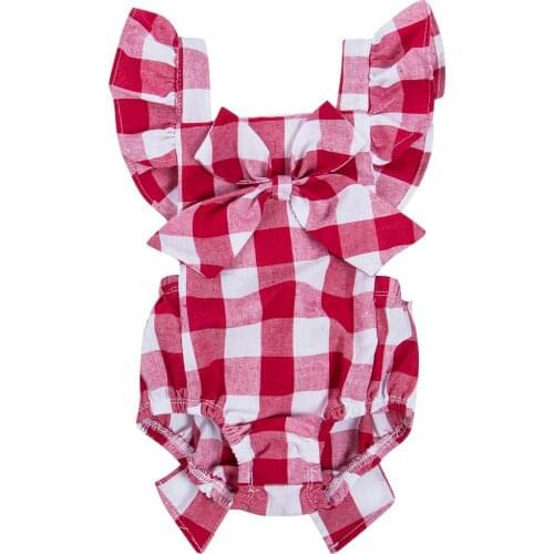 0-18M 2 pcs Infant Baby Kids Girl cotton Clothes red plaid angle wing short sleeve Bodysuit Outfits Sunsuit +Bowknot