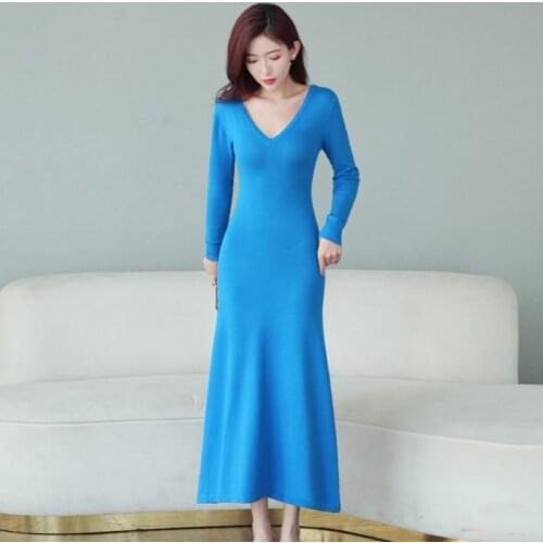 New Sweater Dress Autumn Winter 2021 Elegant Sexy V-Neck Long Sleeve Basics All-match Slim Knitted Long Dress