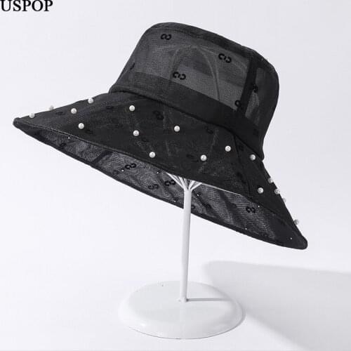 USPOP New Solid Color Pearl Mesh Yarn Bucket hat Wide Brim Breathable Sun Hats